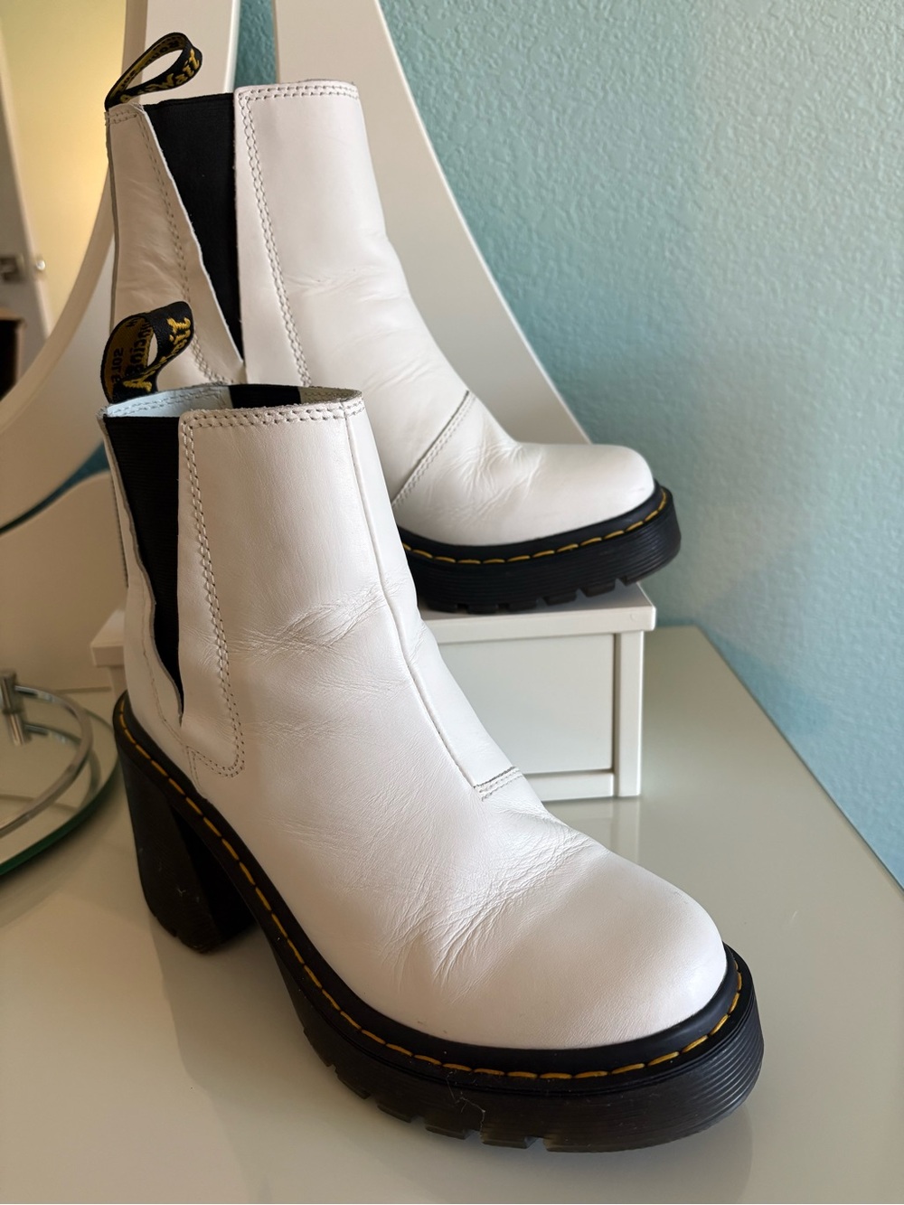 Dr. Martens Spence White Leather Flared Heel Chelsea Boots